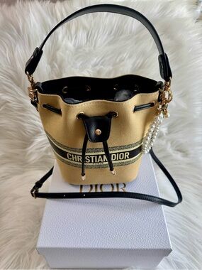 Dior GWP Beige Canvas Bucket Bag with Pearl Charm